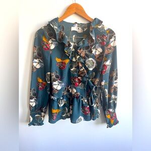 Anthropologie Everleigh Fall Floral V Neck Ruffle Wrap Long Sleeve Blouse